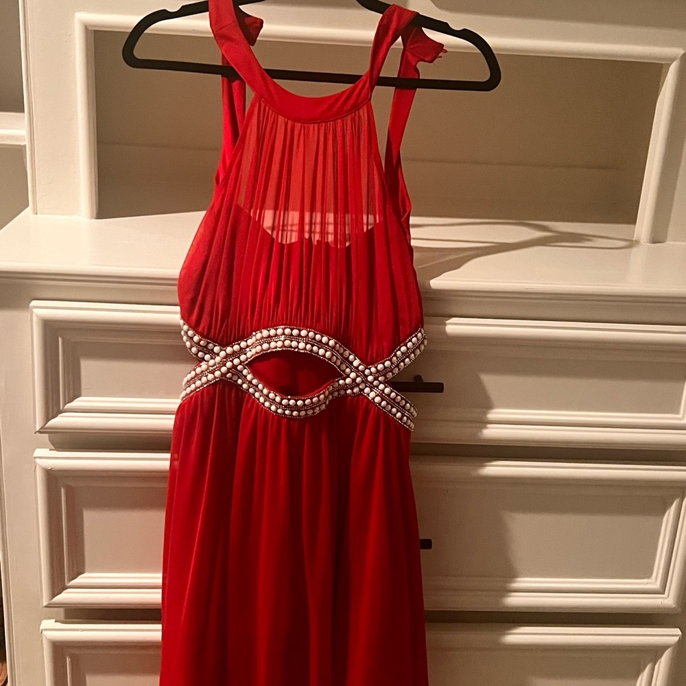 Elegant Red Dress with Pearl Detailing